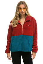 Retro TEDDY UNISEX HALF ZIP COLOR BLOCK JACKET - CHERRY