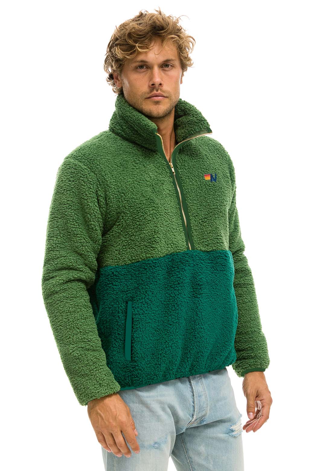 Retro TEDDY UNISEX HALF ZIP COLOR BLOCK JACKET - GARDEN GREEN