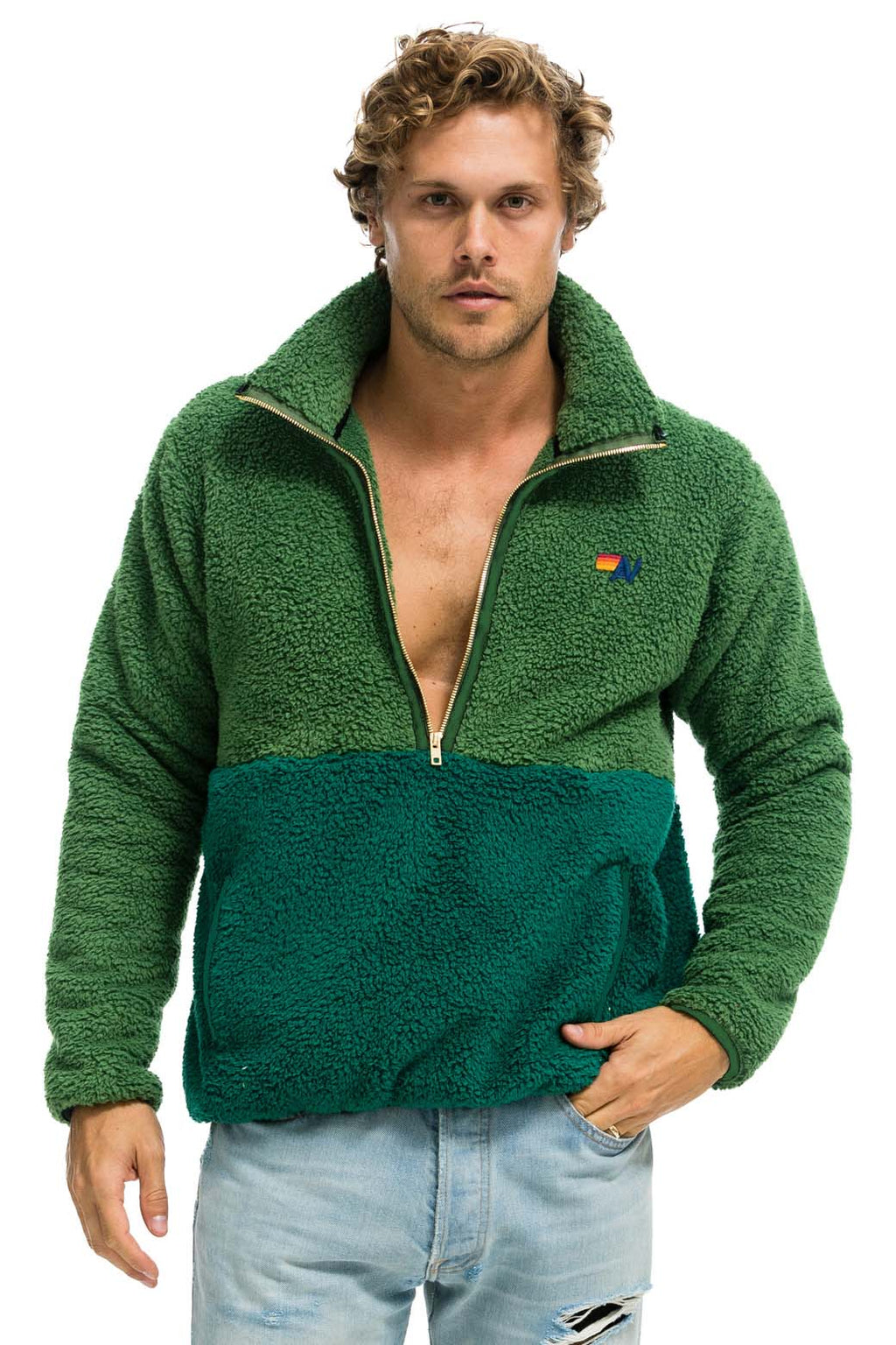 Retro TEDDY UNISEX HALF ZIP COLOR BLOCK JACKET - GARDEN GREEN
