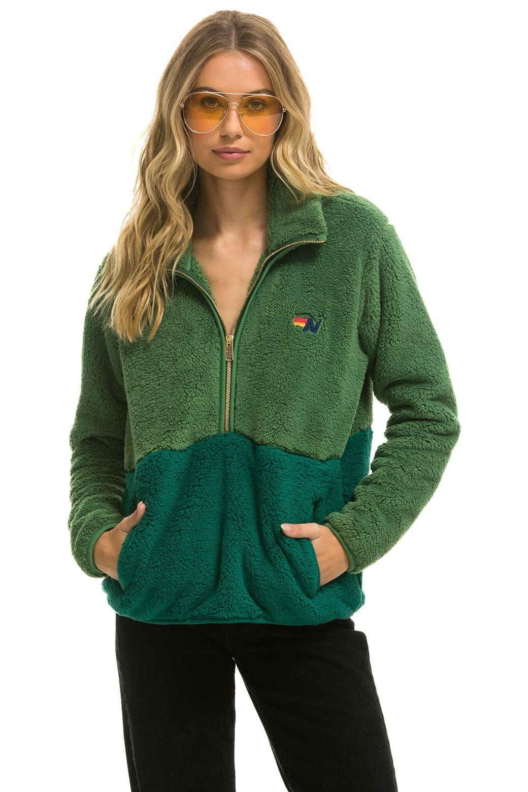 Retro TEDDY UNISEX HALF ZIP COLOR BLOCK JACKET - GARDEN GREEN