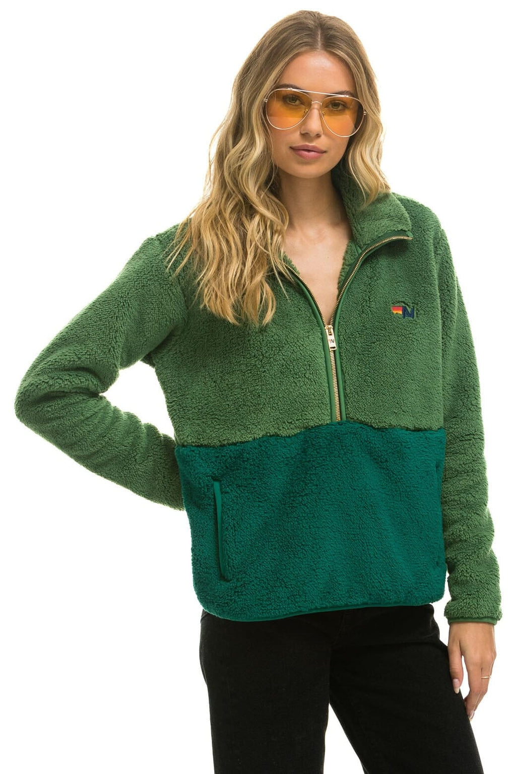 Retro TEDDY UNISEX HALF ZIP COLOR BLOCK JACKET - GARDEN GREEN