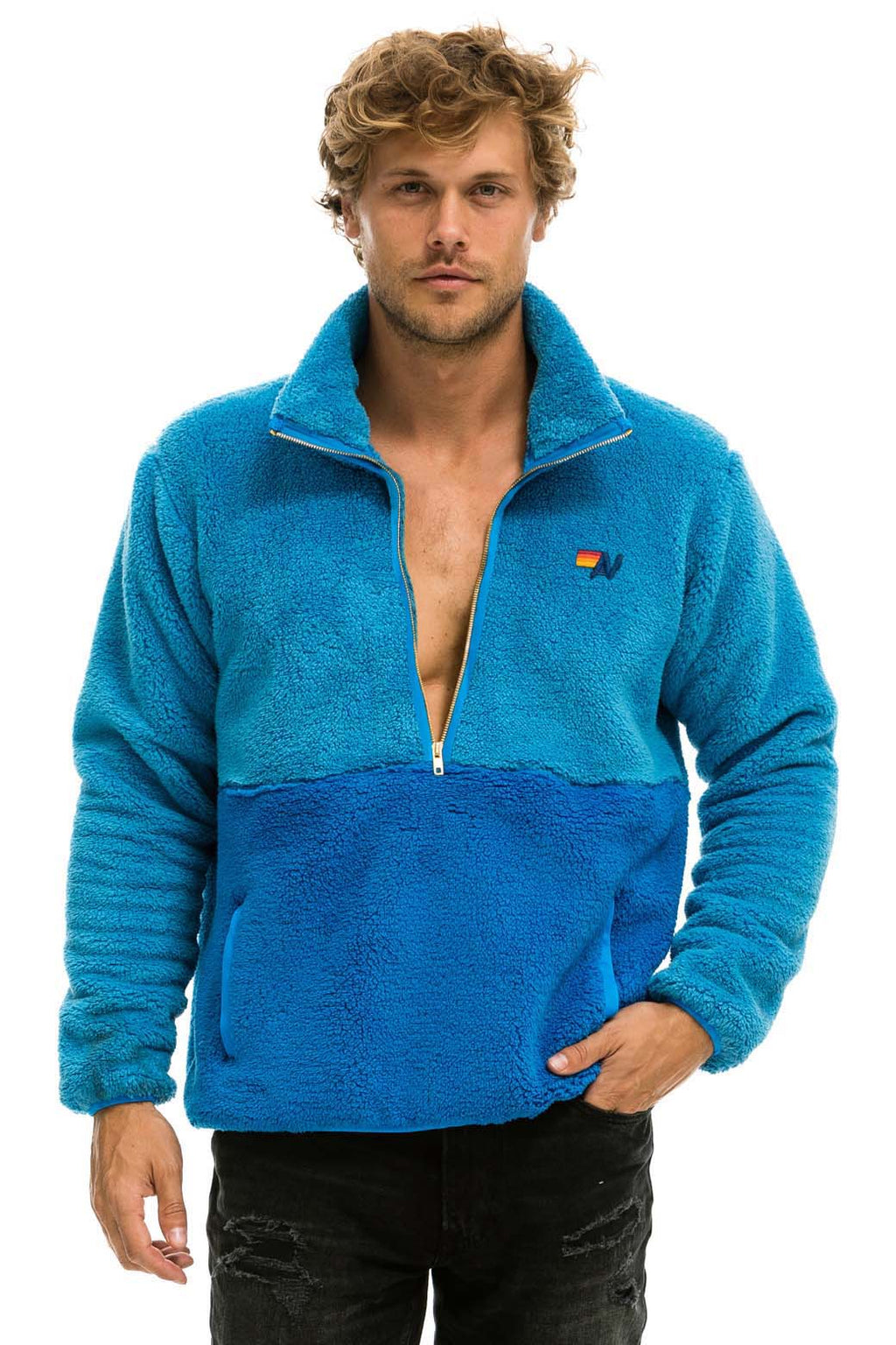 Retro TEDDY UNISEX HALF ZIP COLOR BLOCK JACKET - OCEAN