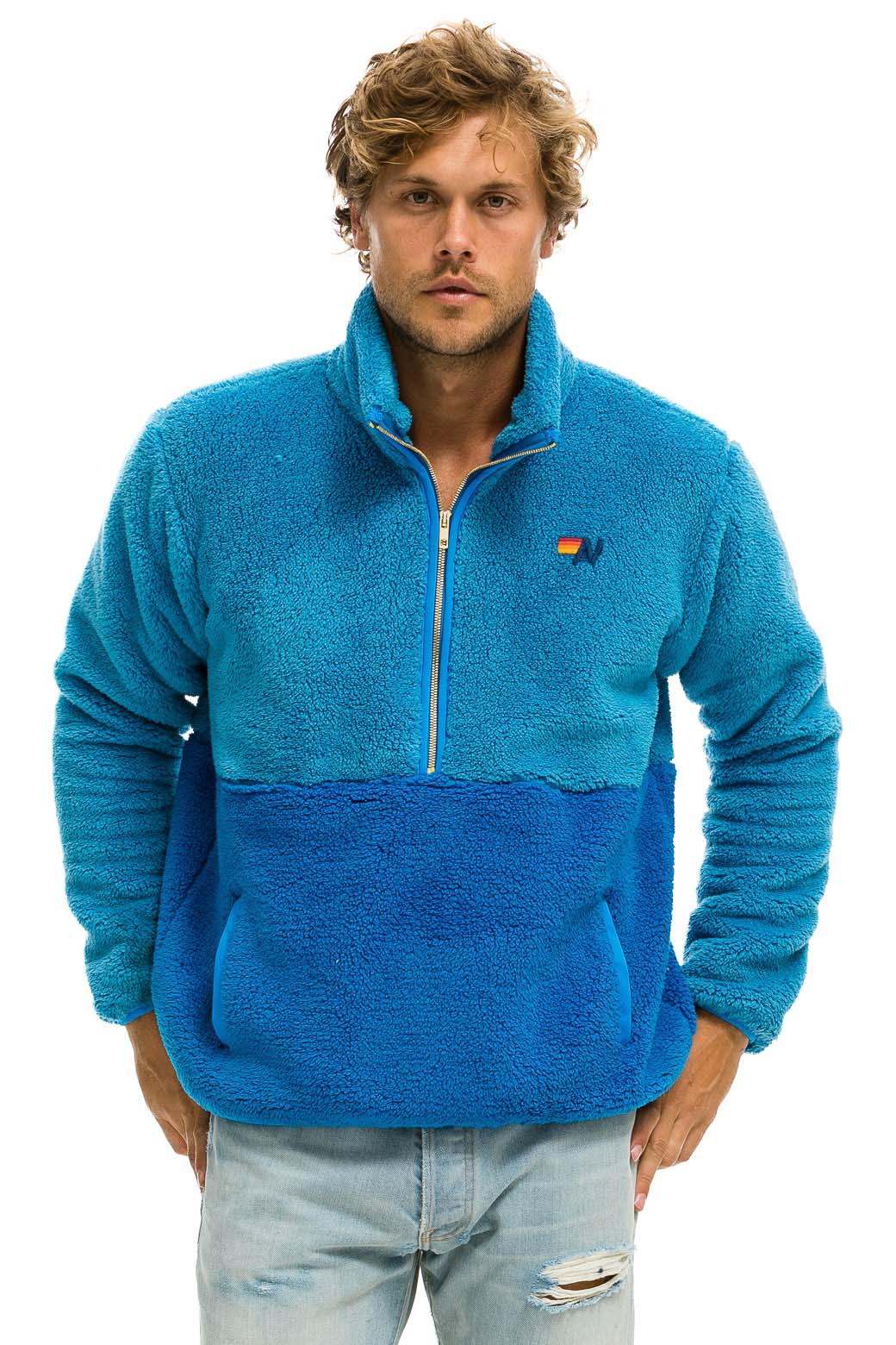 Retro TEDDY UNISEX HALF ZIP COLOR BLOCK JACKET - OCEAN