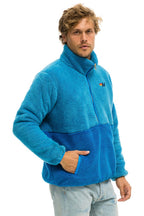 Retro TEDDY UNISEX HALF ZIP COLOR BLOCK JACKET - OCEAN