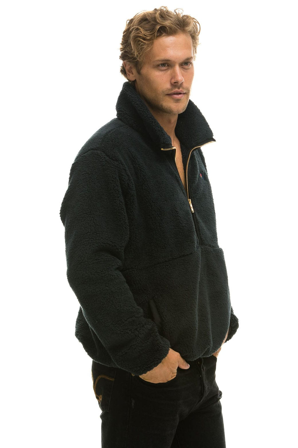 Retro TEDDY UNISEX HALF ZIP JACKET - BLACK