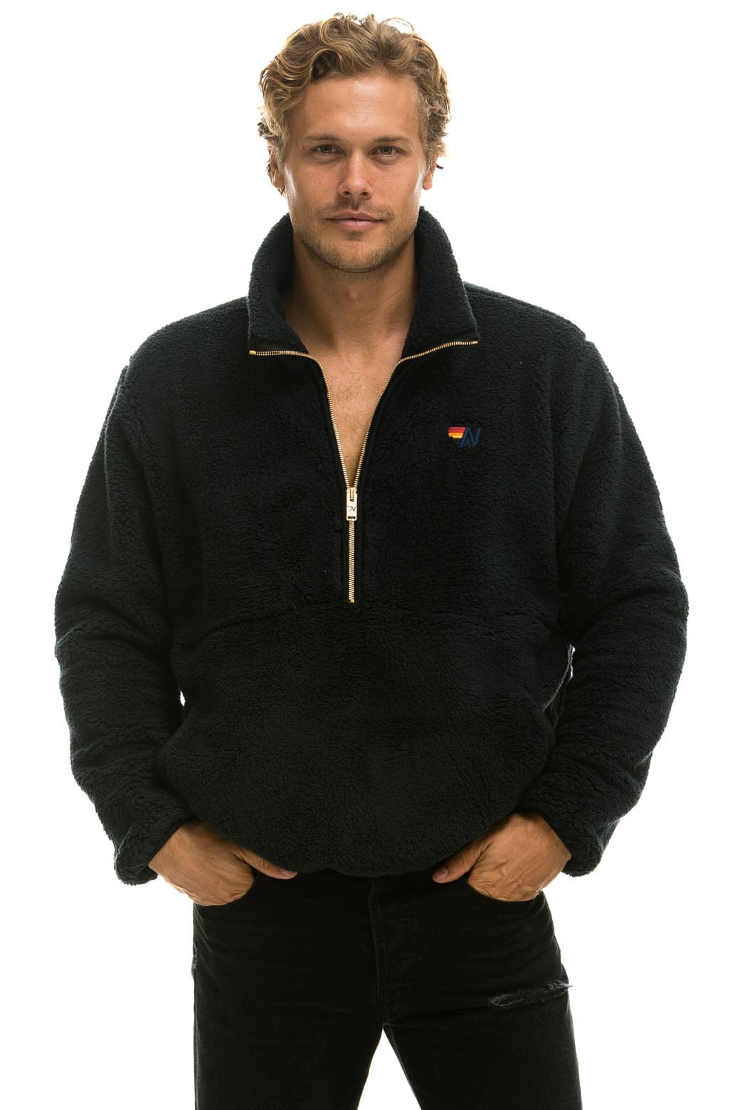 Retro TEDDY UNISEX HALF ZIP JACKET - BLACK