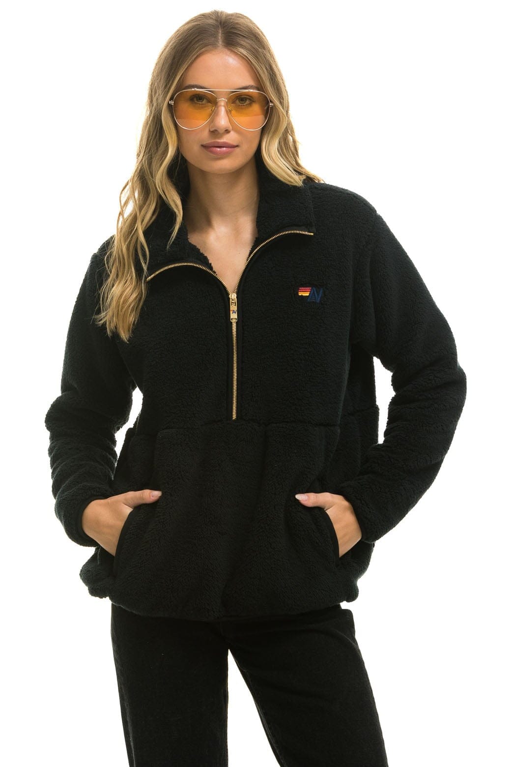 Retro TEDDY UNISEX HALF ZIP JACKET - BLACK