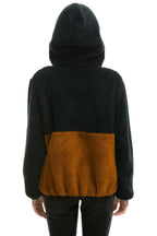 Retro TEDDY UNISEX HOODED HALF ZIP COLOR BLOCK JACKET - BLACK