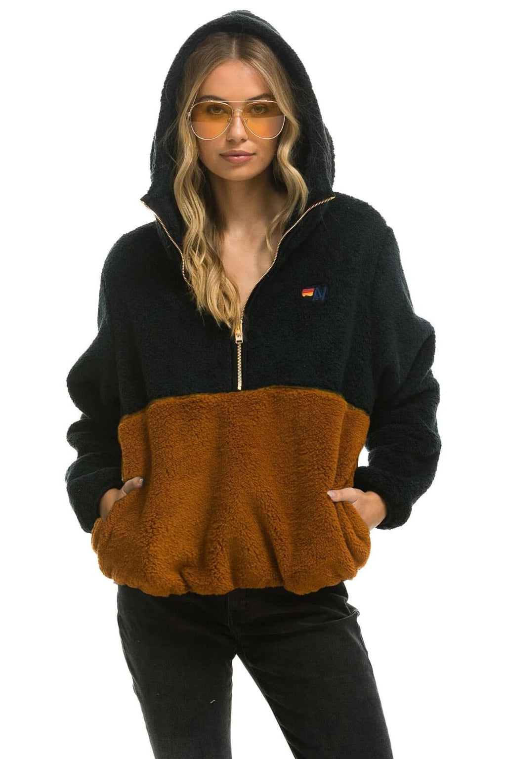 Retro TEDDY UNISEX HOODED HALF ZIP COLOR BLOCK JACKET - BLACK
