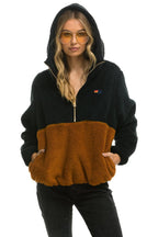 Retro TEDDY UNISEX HOODED HALF ZIP COLOR BLOCK JACKET - BLACK