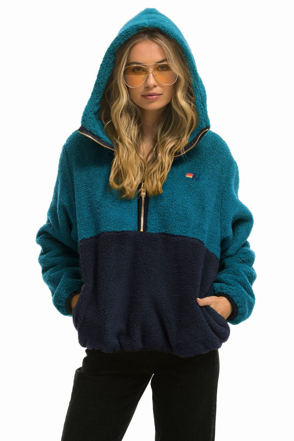 Retro TEDDY APRES HOODED HALF ZIP COLOR BLOCK JACKET - CAPRI