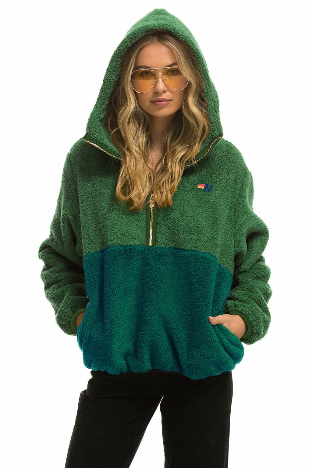 Retro TEDDY UNISEX HOODED HALF ZIP COLOR BLOCK JACKET - GARDEN GREEN
