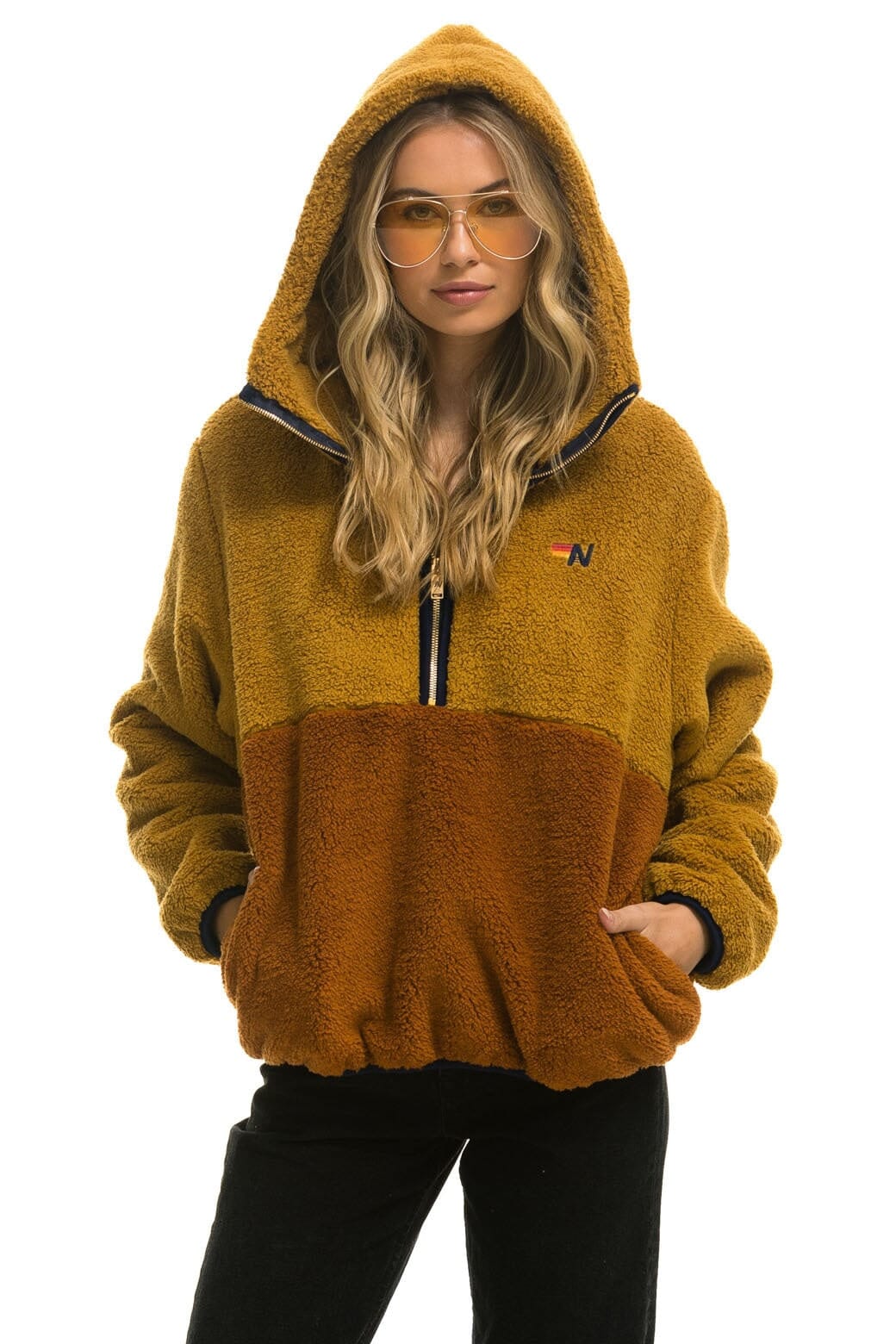 Retro TEDDY APRES HOODED HALF ZIP COLOR BLOCK JACKET - HONEY