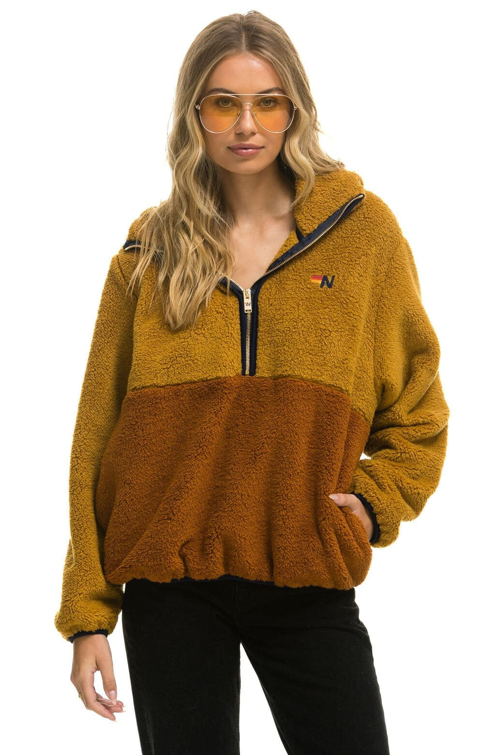 Retro TEDDY APRES HOODED HALF ZIP COLOR BLOCK JACKET - HONEY