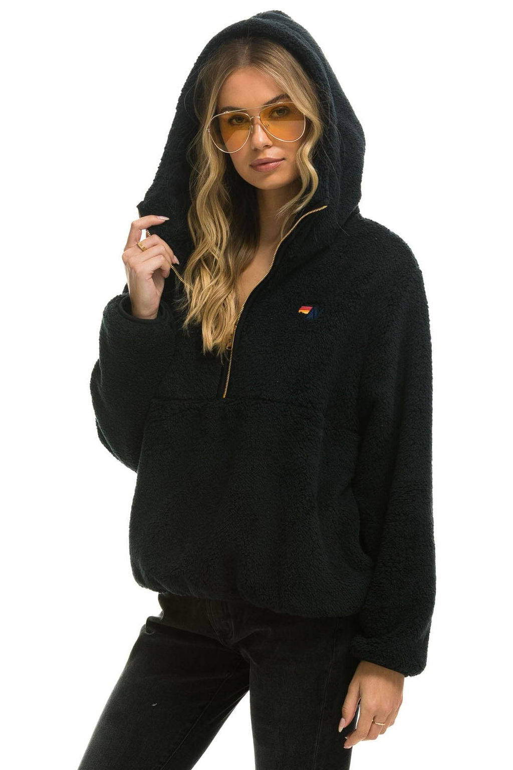 Retro TEDDY UNISEX HOODED HALF ZIP JACKET - BLACK