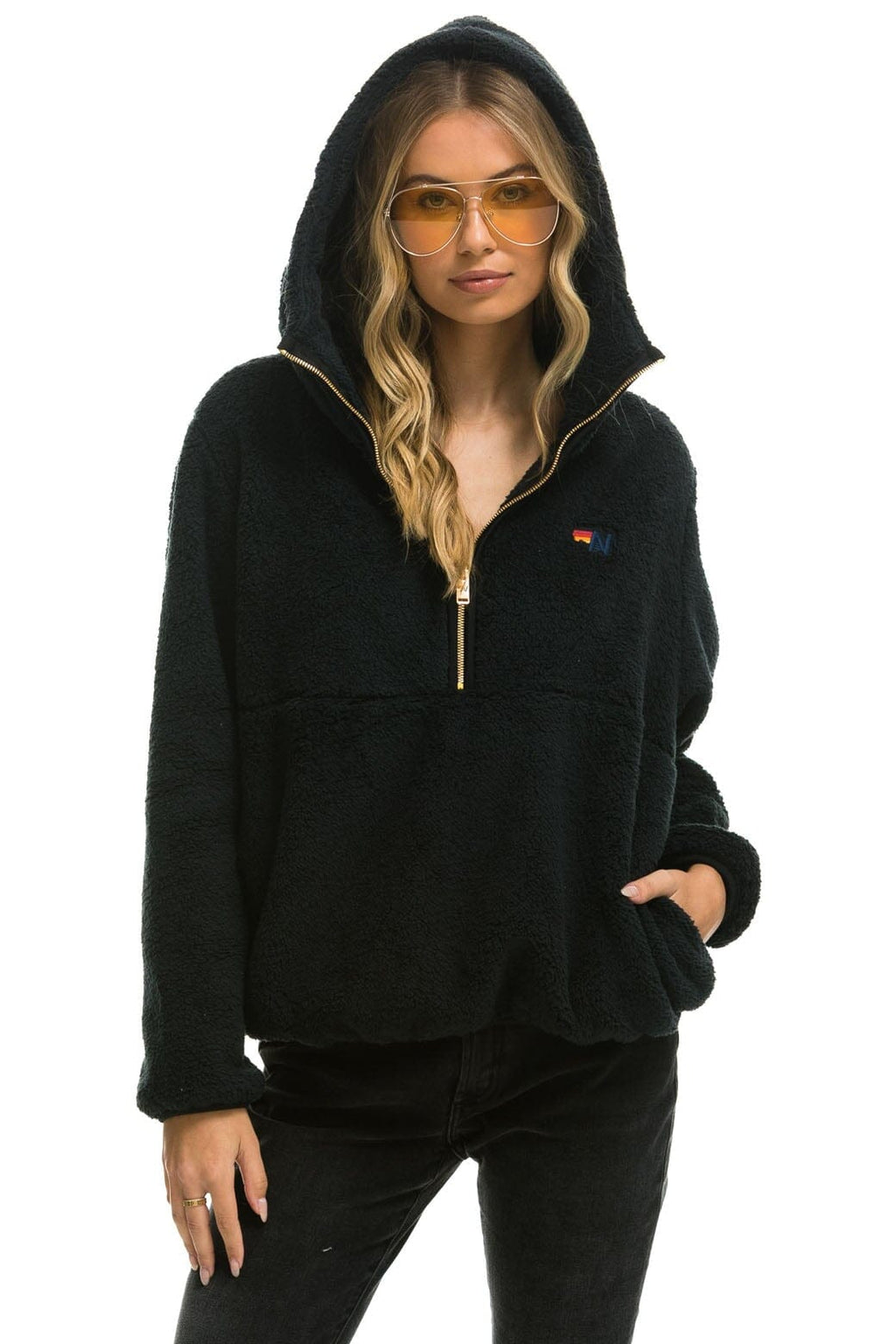 Retro TEDDY UNISEX HOODED HALF ZIP JACKET - BLACK