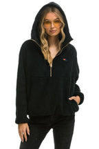 Retro TEDDY UNISEX HOODED HALF ZIP JACKET - BLACK
