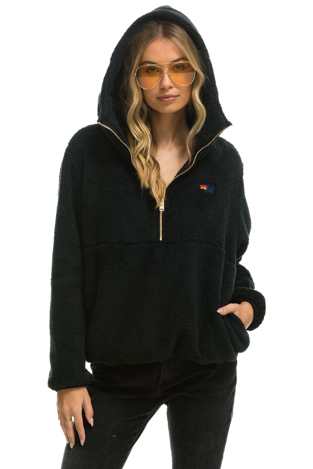 Retro TEDDY UNISEX HOODED HALF ZIP JACKET - BLACK