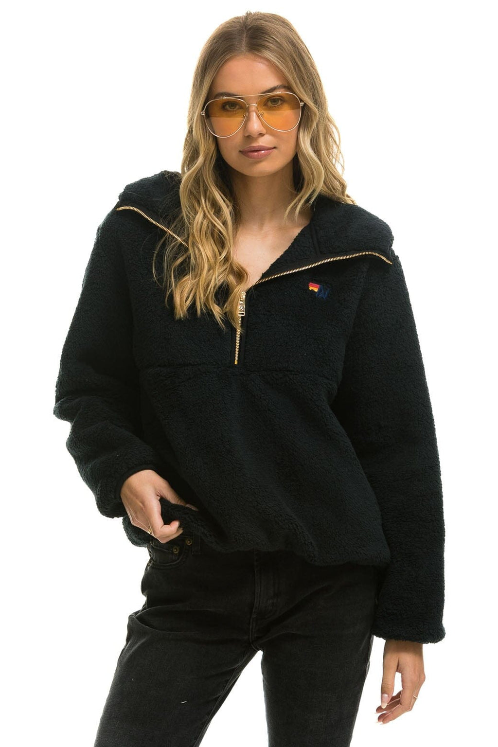 Retro TEDDY UNISEX HOODED HALF ZIP JACKET - BLACK