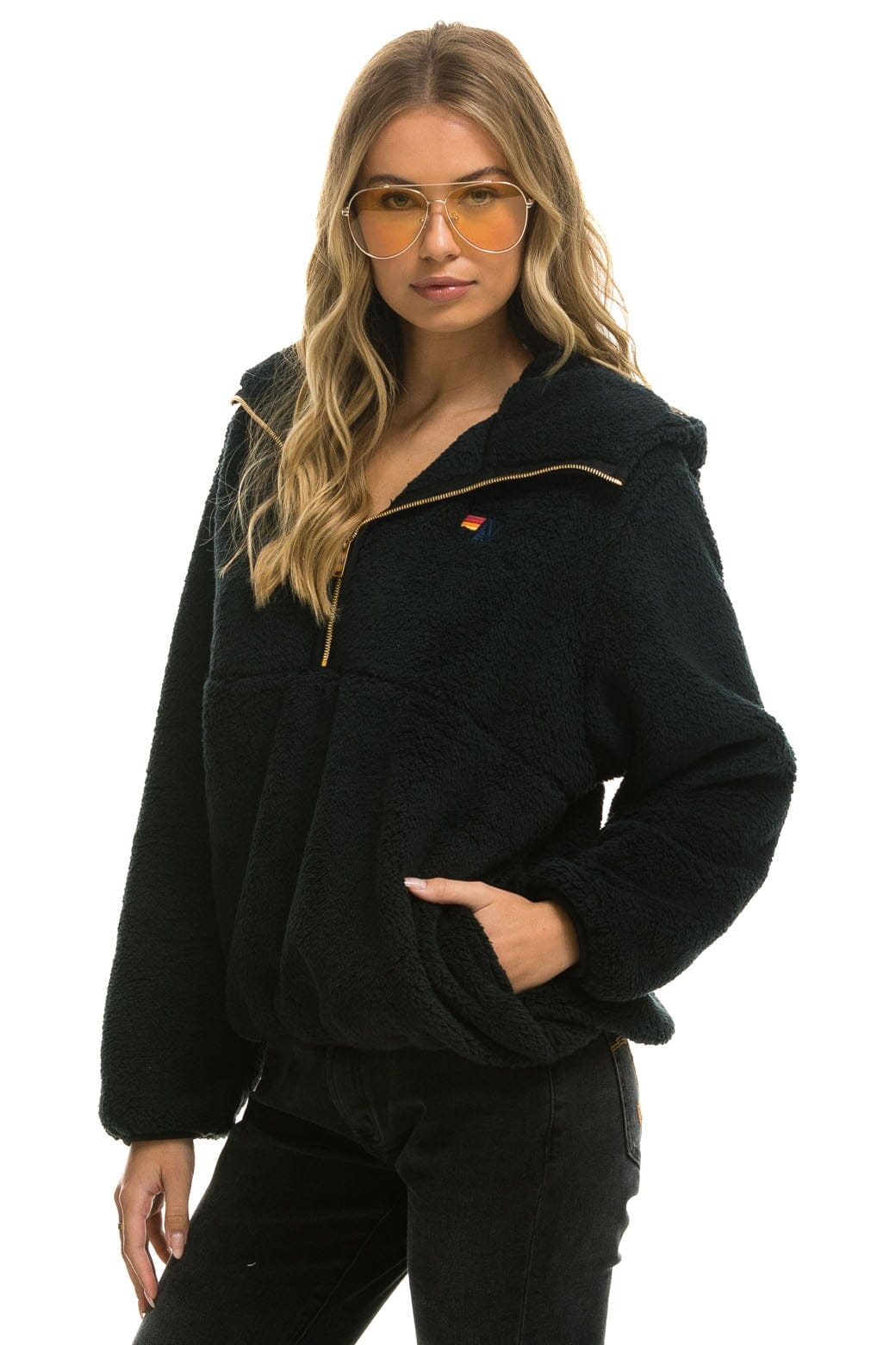 Retro TEDDY UNISEX HOODED HALF ZIP JACKET - BLACK