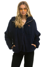 Retro TEDDY UNISEX HOODED HALF ZIP JACKET - NAVY