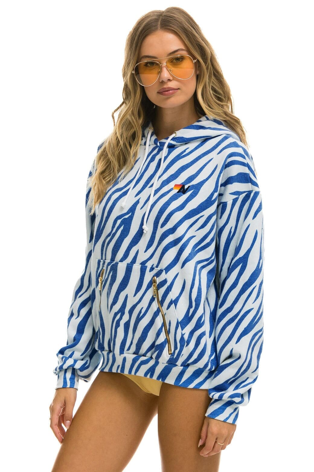 Retro TIGER RELAXED PULLOVER HOODIE WITH ZIPPER POCKETS - BLUE TIGER