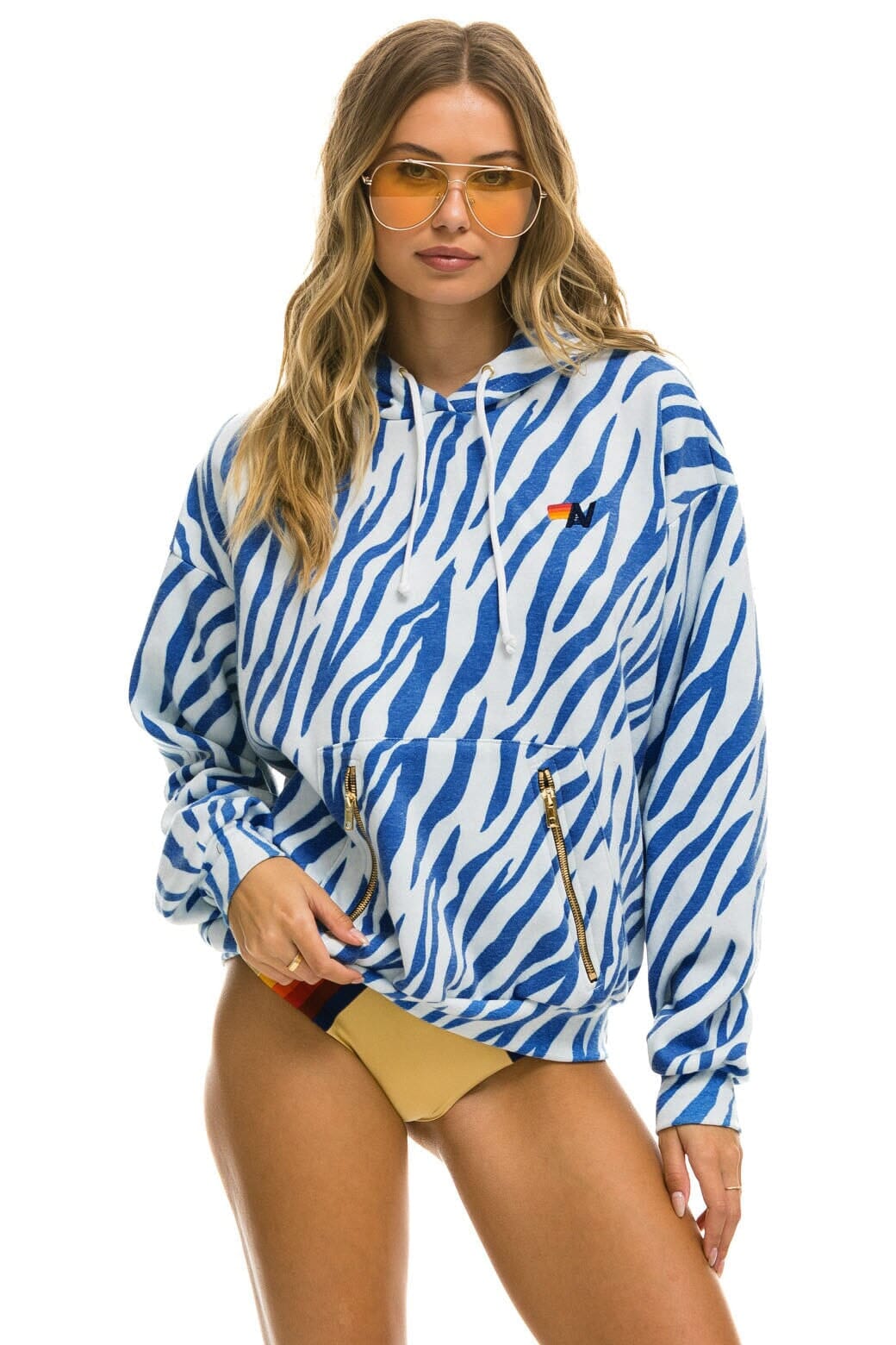 Retro TIGER RELAXED PULLOVER HOODIE WITH ZIPPER POCKETS - BLUE TIGER