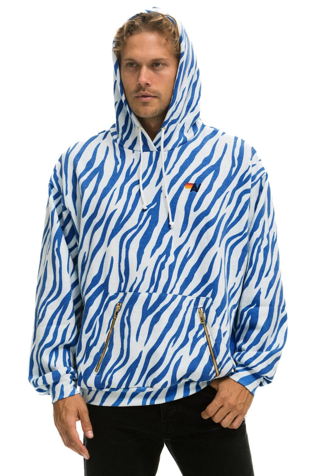 Retro TIGER RELAXED PULLOVER HOODIE WITH ZIPPER POCKETS - BLUE TIGER