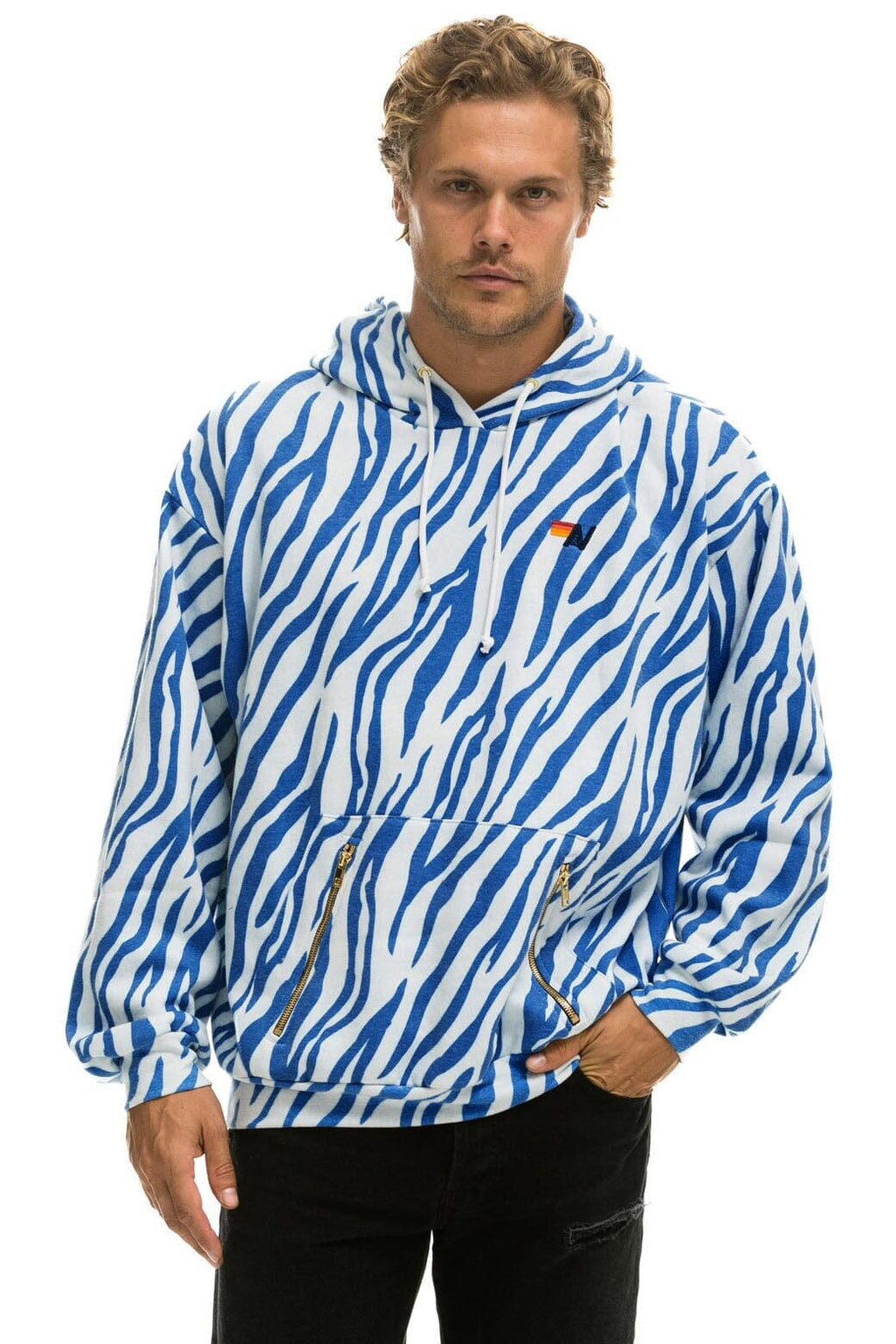 Retro TIGER RELAXED PULLOVER HOODIE WITH ZIPPER POCKETS - BLUE TIGER