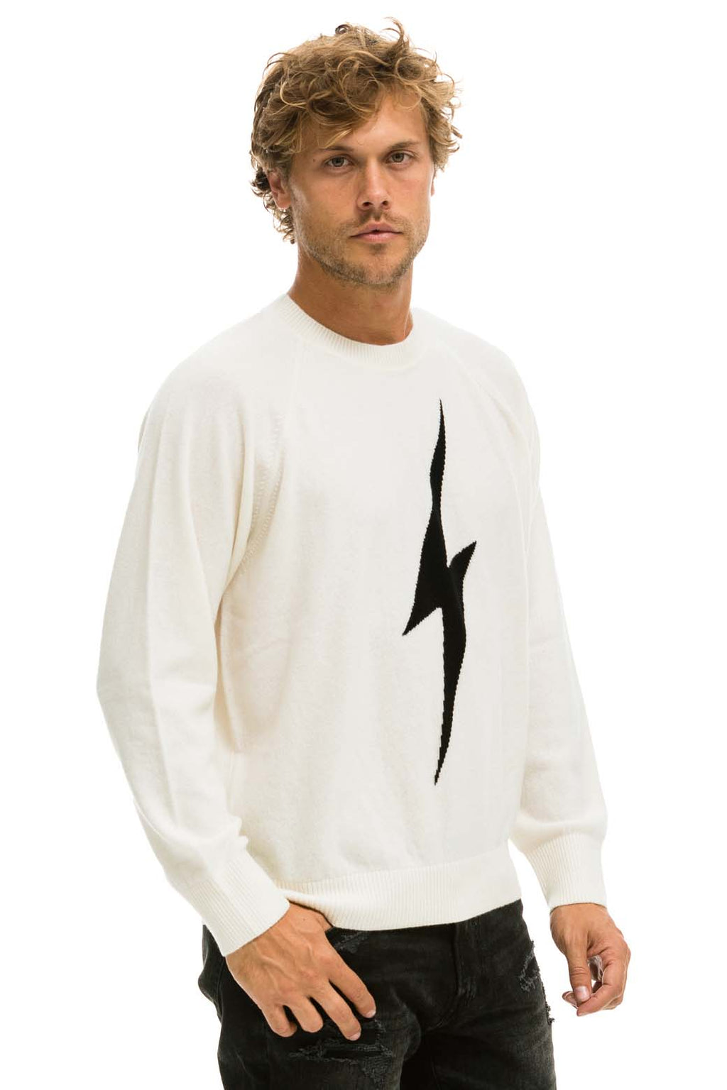 Retro UNISEX BOLT CASHMERE LIGHT SWEATER - VINTAGE WHITE BLACK BOLT