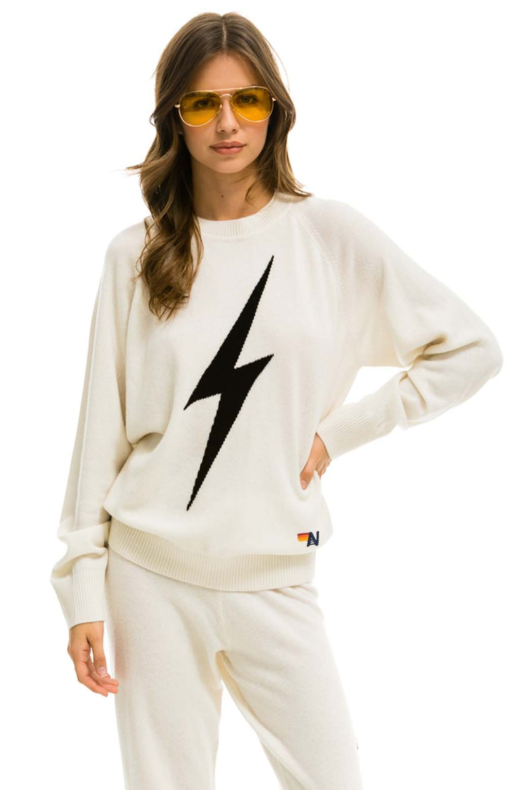 Retro UNISEX BOLT CASHMERE LIGHT SWEATER - VINTAGE WHITE BLACK BOLT