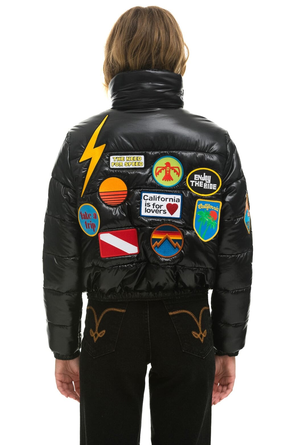 Retro VINTAGE PATCH APRES PUFFER JACKET - BLACK GLOSSY