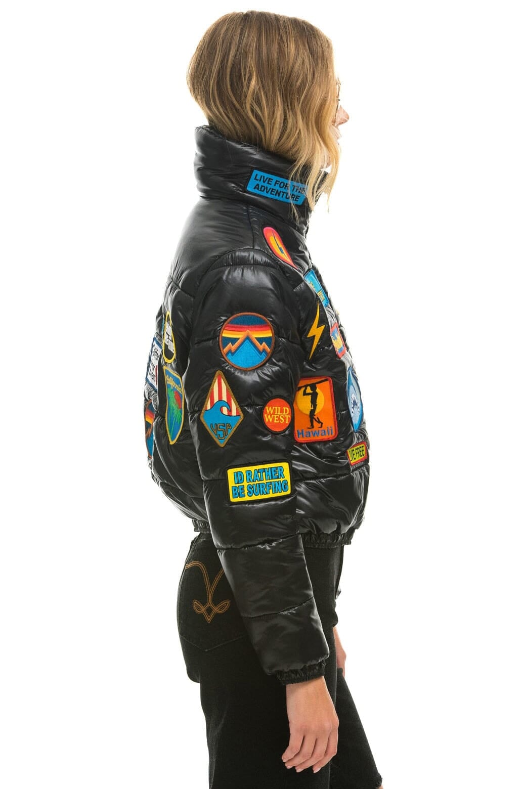 Retro VINTAGE PATCH APRES PUFFER JACKET - BLACK GLOSSY