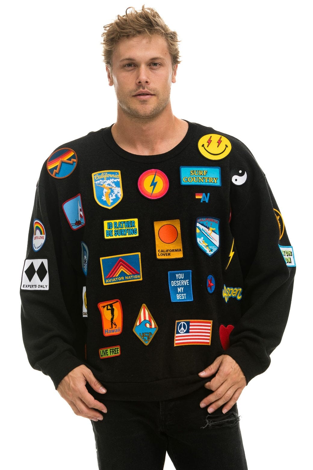 Retro VINTAGE PATCH RELAXED CREW SWEATSHIRT - BLACK
