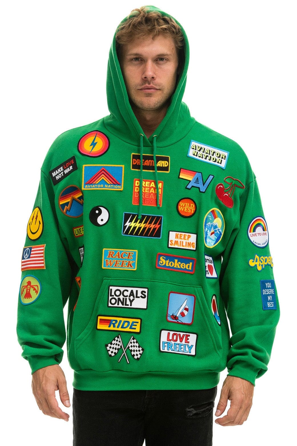 Retro VINTAGE PATCH RELAXED PULLOVER HOODIE- KELLY GREEN