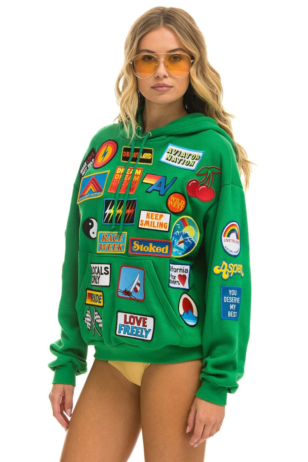 Retro VINTAGE PATCH RELAXED PULLOVER HOODIE- KELLY GREEN