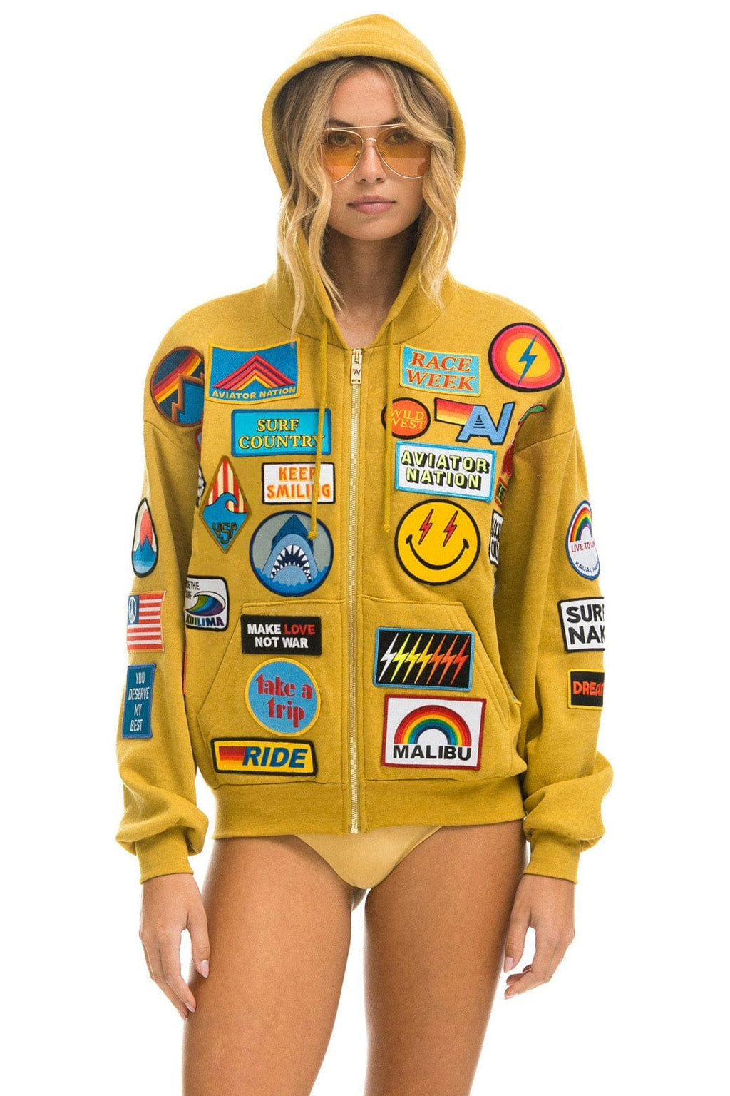 Retro VINTAGE PATCH ZIP HOODIE RELAXED - KHAKI