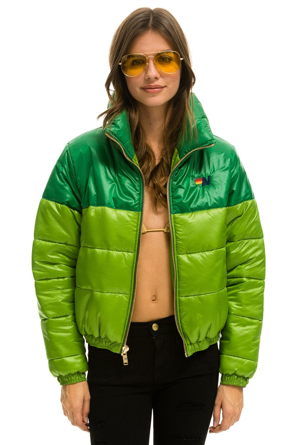 Retro COLOR BLOCK HALF AND HALF APRES PUFFER JACKET - AMAZON GLOSSY