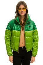 Retro COLOR BLOCK HALF AND HALF APRES PUFFER JACKET - AMAZON GLOSSY