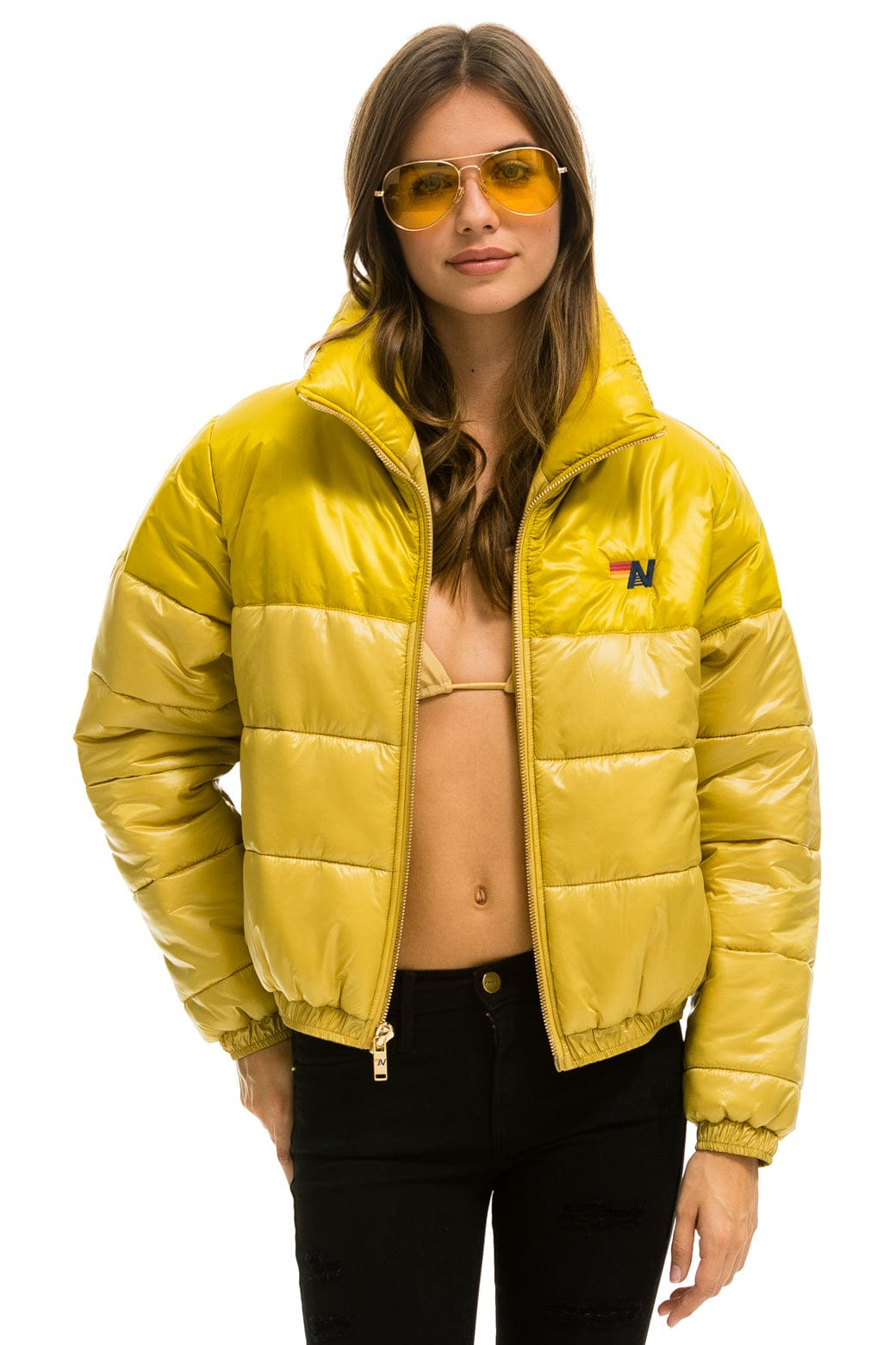 Retro COLOR BLOCK HALF AND HALF APRES PUFFER JACKET - HONEY GLOSSY
