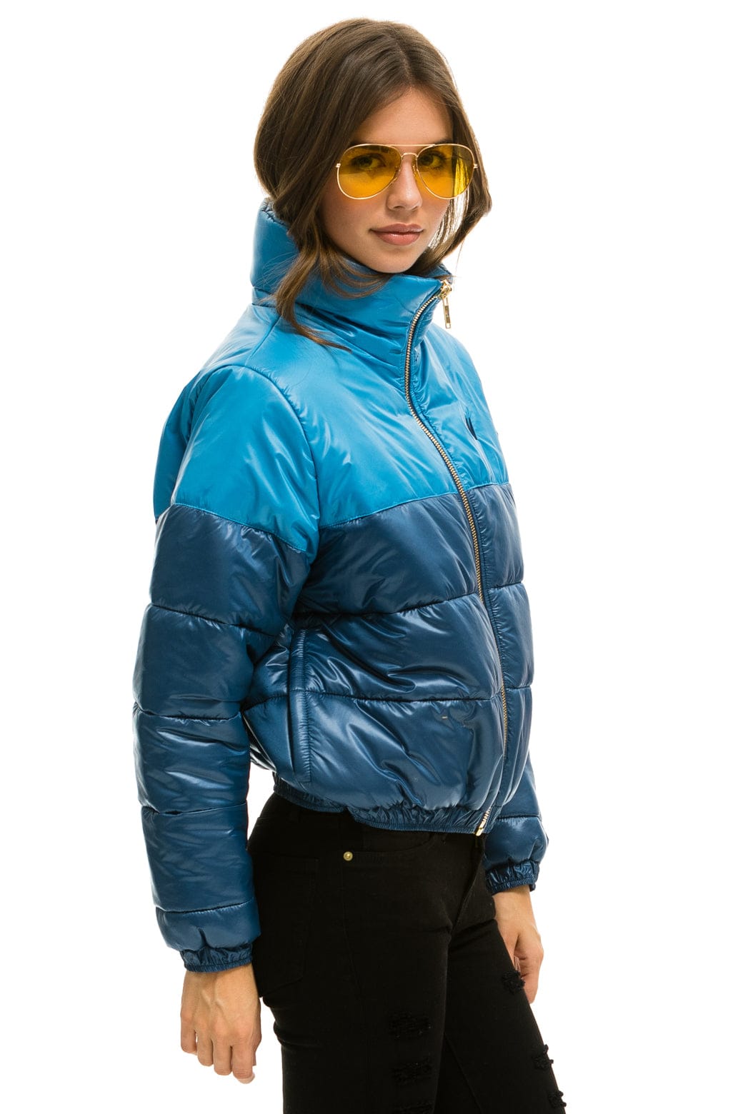 Retro COLOR BLOCK HALF AND HALF APRES PUFFER JACKET - OCEAN GLOSSY