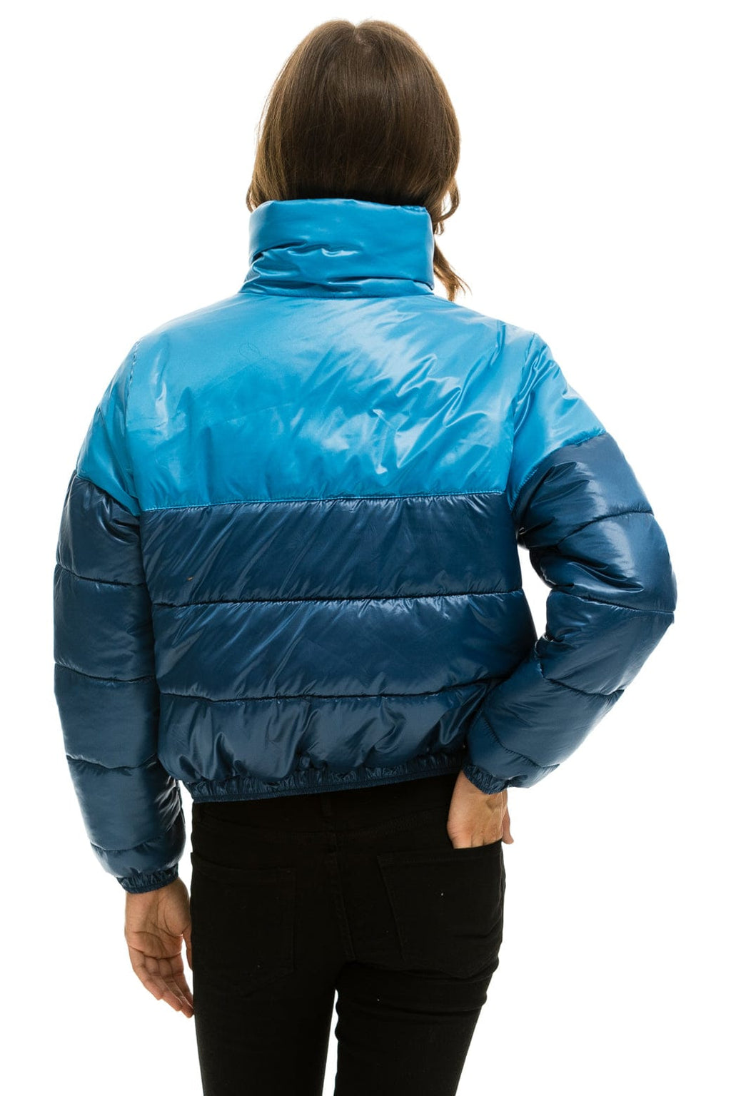 Retro COLOR BLOCK HALF AND HALF APRES PUFFER JACKET - OCEAN GLOSSY