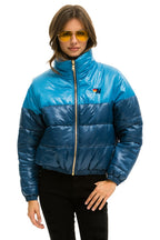 Retro COLOR BLOCK HALF AND HALF APRES PUFFER JACKET - OCEAN GLOSSY