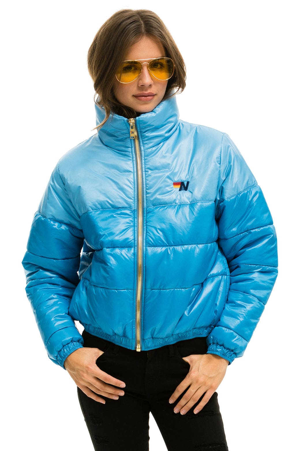 Retro COLOR BLOCK HALF AND HALF APRES PUFFER JACKET - SKY GLOSSY