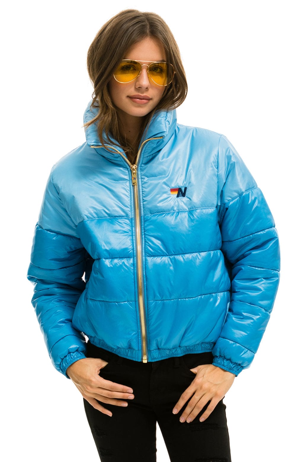 Retro COLOR BLOCK HALF AND HALF APRES PUFFER JACKET - SKY GLOSSY