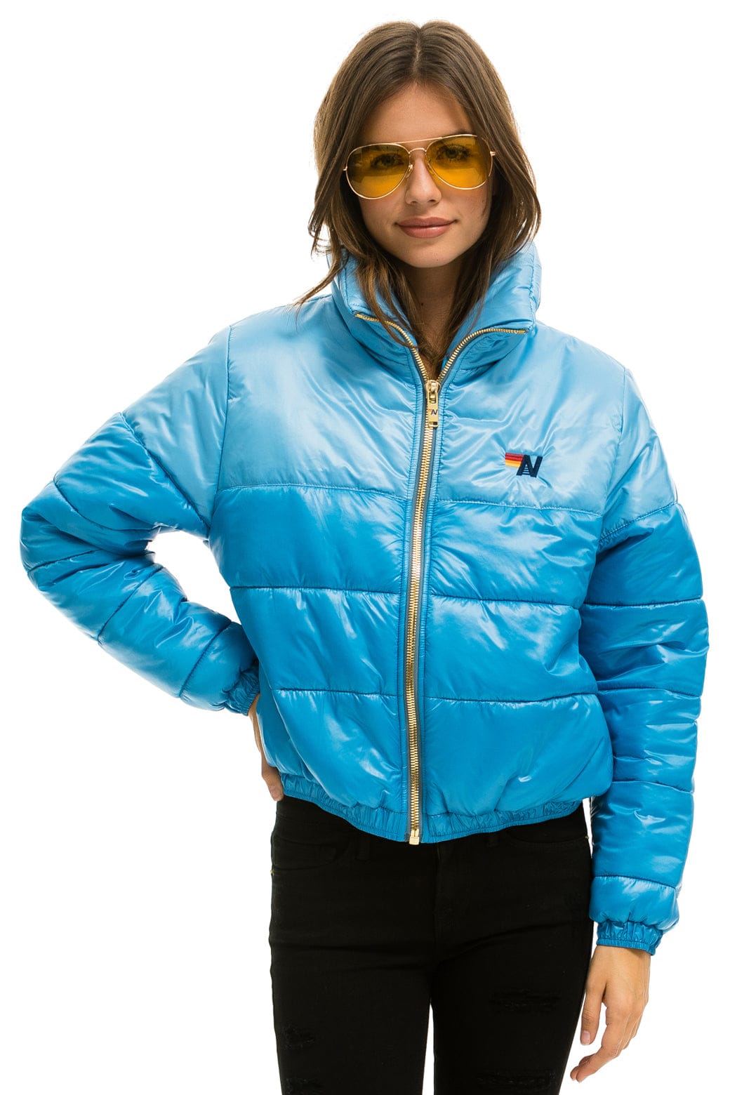 Retro COLOR BLOCK HALF AND HALF APRES PUFFER JACKET - SKY GLOSSY