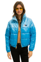 Retro COLOR BLOCK HALF AND HALF APRES PUFFER JACKET - SKY GLOSSY