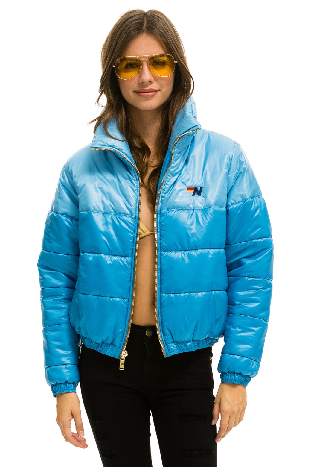 Retro COLOR BLOCK HALF AND HALF APRES PUFFER JACKET - SKY GLOSSY