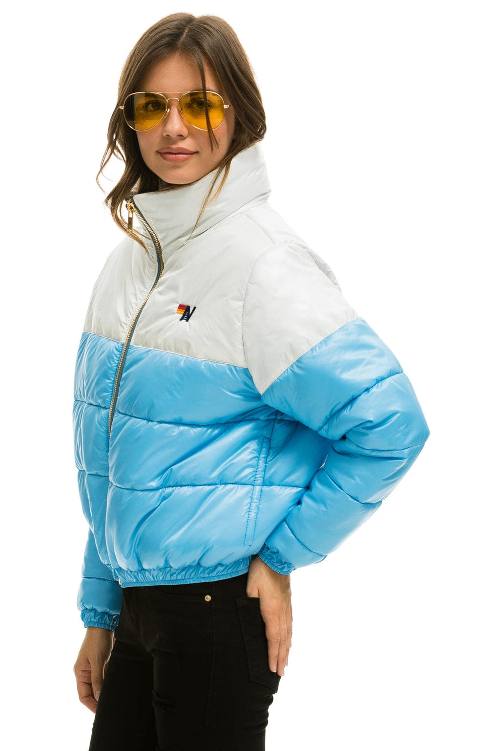 Retro COLOR BLOCK HALF AND HALF APRES PUFFER JACKET - WHITE GLOSSY