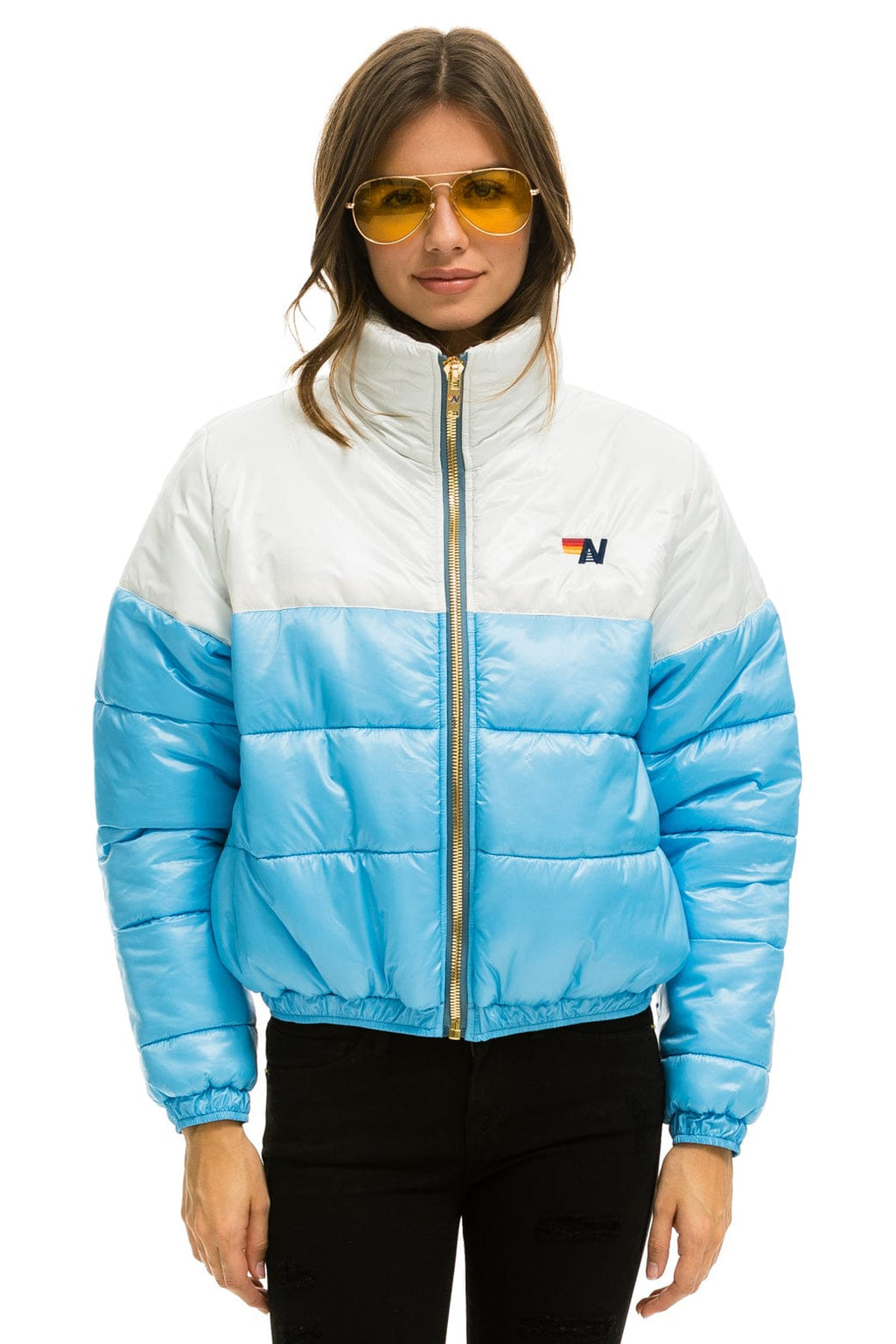 Retro COLOR BLOCK HALF AND HALF APRES PUFFER JACKET - WHITE GLOSSY